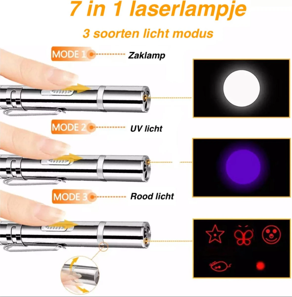 Merkloos Hoogwaardig Laserlampje Voor Katten | USB Oplaadbaar | 7 In 1 Laserpen | Laserpen | Zaklamp | Kattenspeeltje | Kattenspeelgoed | Zilver | Laserpointer Rood/groen | UV Licht 4 Merkloos Hoogwaardig Laserlampje Voor Katten | USB Oplaadbaar | 7 In 1 Laserpen | Laserpen | Zaklamp | Kattenspeeltje | Kattenspeelgoed | Zilver | Laserpointer Rood/groen | UV Licht - Afbeelding 2