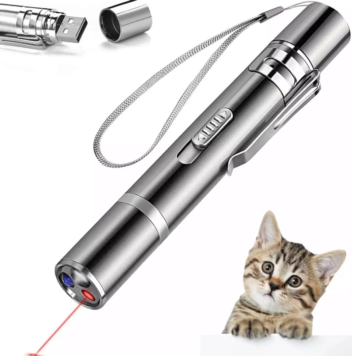 Merkloos Hoogwaardig Laserlampje Voor Katten | USB Oplaadbaar | 7 In 1 Laserpen | Laserpen | Zaklamp | Kattenspeeltje | Kattenspeelgoed | Zilver | Laserpointer Rood/groen | UV Licht 3 Merkloos Hoogwaardig Laserlampje Voor Katten | USB Oplaadbaar | 7 In 1 Laserpen | Laserpen | Zaklamp | Kattenspeeltje | Kattenspeelgoed | Zilver | Laserpointer Rood/groen | UV Licht