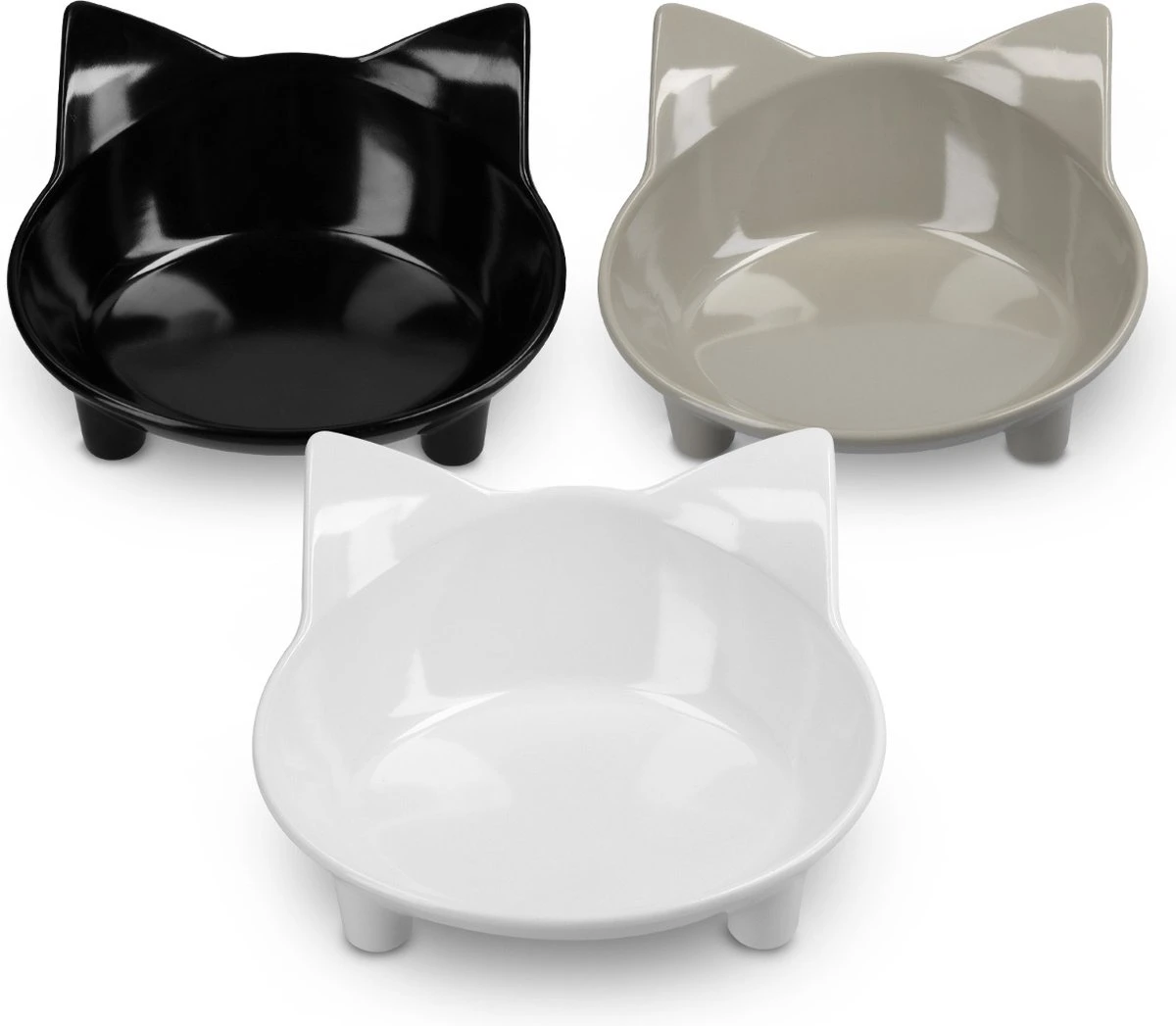 Navaris Voerbakjes Voor Katten - Set Van 3 Voer- En Waterbakken - Met Kattenkopjes Vorm - Antislip - Etensbakjes In Grijs, Wit En Zwart 3 Navaris Voerbakjes Voor Katten - Set Van 3 Voer- En Waterbakken - Met Kattenkopjes Vorm - Antislip - Etensbakjes In Grijs, Wit En Zwart