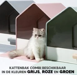 Kattenbak Villa Met Dubbele Voerbak En Kattenbakmat – Kat - Drinkbak – Modern En Stijlvol - Design - Groen -Katten Benodigdheden Winkel 1200x1171