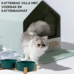 Kattenbak Villa Met Dubbele Voerbak En Kattenbakmat – Kat - Drinkbak – Modern En Stijlvol - Design - Groen -Katten Benodigdheden Winkel 1200x1200 525