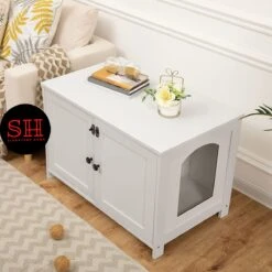 Merkloos Signature Home Wittykitty Kattenbak - Kattenkast - Kattenbakkast - Kattenhuis Met Deur En Aparte Scheidingswand - Kattenbak Opbergdoos - Wit - 80 X 54 X 50.5 Cm -Katten Benodigdheden Winkel 1200x1200 597