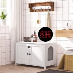 Merkloos Signature Home Wittykitty Kattenbak - Kattenkast - Kattenbakkast - Kattenhuis Met Deur En Aparte Scheidingswand - Kattenbak Opbergdoos - Wit - 80 X 54 X 50.5 Cm -Katten Benodigdheden Winkel 1200x1200 598