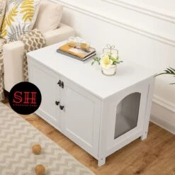 Merkloos Signature Home Wittykitty Kattenbak - Kattenkast - Kattenbakkast - Kattenhuis Met Deur En Aparte Scheidingswand - Kattenbak Opbergdoos - Wit - 80 X 54 X 50.5 Cm -Katten Benodigdheden Winkel 1200x1200 599