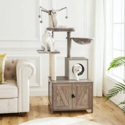 Signature Home Catty Krabpaal Met Kattenbak - Kattenbakkast - Kattenhuis Met Deur En Slot - Krabpalen Met Hangmat Mand Katten Huis - Kattenbakmeubel Verborgen - Alles-in-één Kattenspeelgoed Met Kattenhuis - Grijs - 60cm X 150cm X 48cm -Katten Benodigdheden Winkel 1200x1200 616