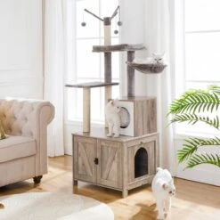 Signature Home Catty Krabpaal Met Kattenbak - Kattenbakkast - Kattenhuis Met Deur En Slot - Krabpalen Met Hangmat Mand Katten Huis - Kattenbakmeubel Verborgen - Alles-in-één Kattenspeelgoed Met Kattenhuis - Grijs - 60cm X 150cm X 48cm -Katten Benodigdheden Winkel 1200x1200 617