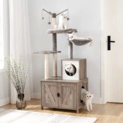 Signature Home Catty Krabpaal Met Kattenbak - Kattenbakkast - Kattenhuis Met Deur En Slot - Krabpalen Met Hangmat Mand Katten Huis - Kattenbakmeubel Verborgen - Alles-in-één Kattenspeelgoed Met Kattenhuis - Grijs - 60cm X 150cm X 48cm -Katten Benodigdheden Winkel 1200x1200 619