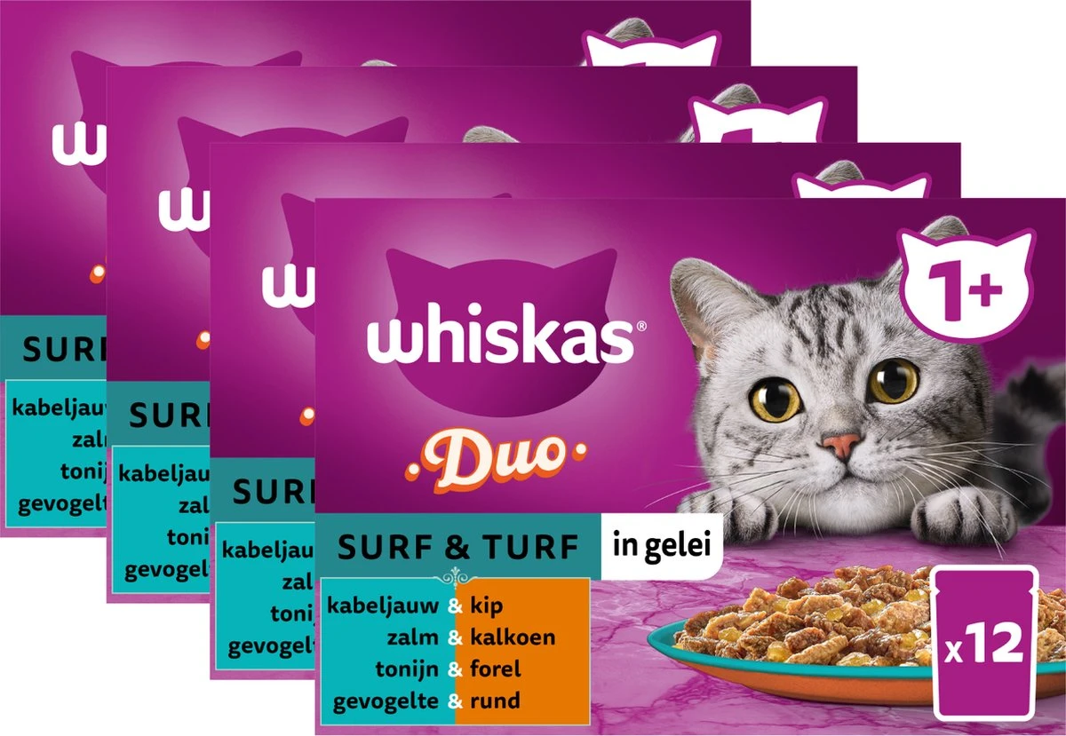 Whiskas 1+ Natvoer - Duo Surf & Turf - Selectie In Gelei - Maaltijdzakjes 48 X 85 G 3 Whiskas 1+ Natvoer - Duo Surf & Turf - Selectie In Gelei - Maaltijdzakjes 48 X 85 G