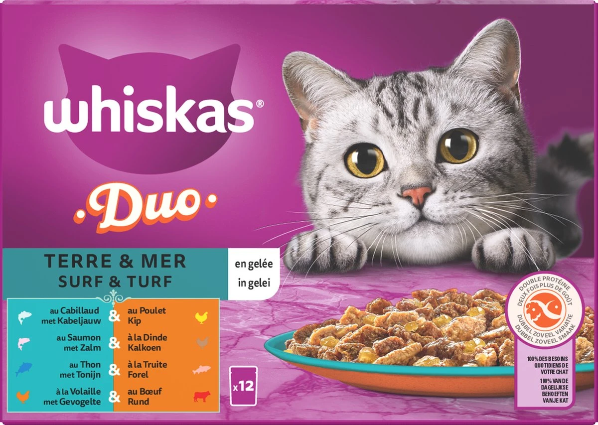 Whiskas 1+ Natvoer - Duo Surf & Turf - Selectie In Gelei - Maaltijdzakjes 48 X 85 G 5 Whiskas 1+ Natvoer - Duo Surf & Turf - Selectie In Gelei - Maaltijdzakjes 48 X 85 G - Afbeelding 3