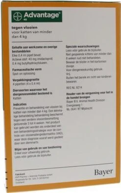 Bayer Advantage 40 Tegen Vlooien - <4kg - 4 X 0,4 Ml - Adult -Katten Benodigdheden Winkel 752x1200 1