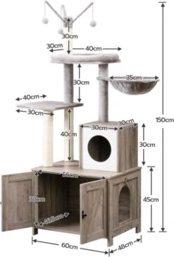 Signature Home Catty Krabpaal Met Kattenbak - Kattenbakkast - Kattenhuis Met Deur En Slot - Krabpalen Met Hangmat Mand Katten Huis - Kattenbakmeubel Verborgen - Alles-in-één Kattenspeelgoed Met Kattenhuis - Grijs - 60cm X 150cm X 48cm -Katten Benodigdheden Winkel 814x1200 3