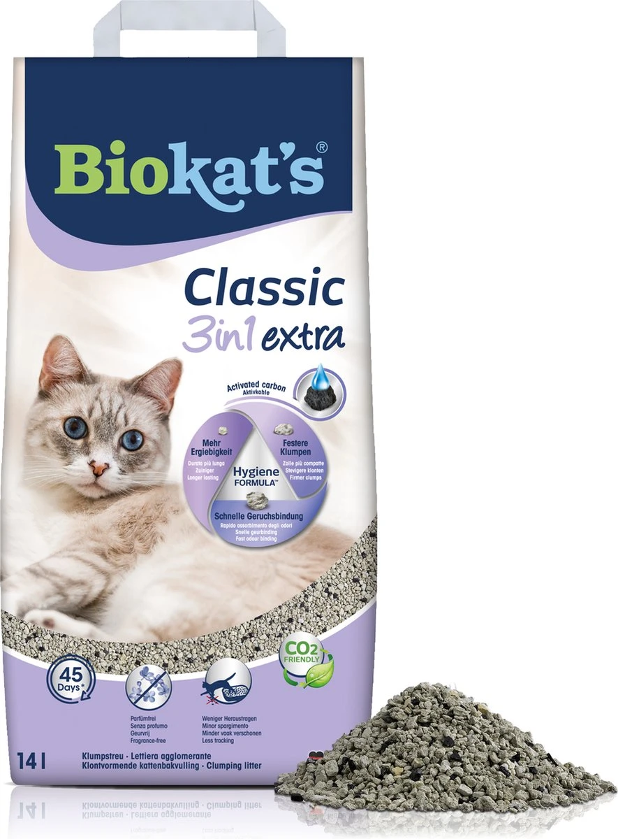 Biokat's Classic 3in1 Extra - 14 L - Kattenbakvulling - Klontvormend - Parfumvrij - Actieve Kool 3 Biokat's Classic 3in1 Extra - 14 L - Kattenbakvulling - Klontvormend - Parfumvrij - Actieve Kool