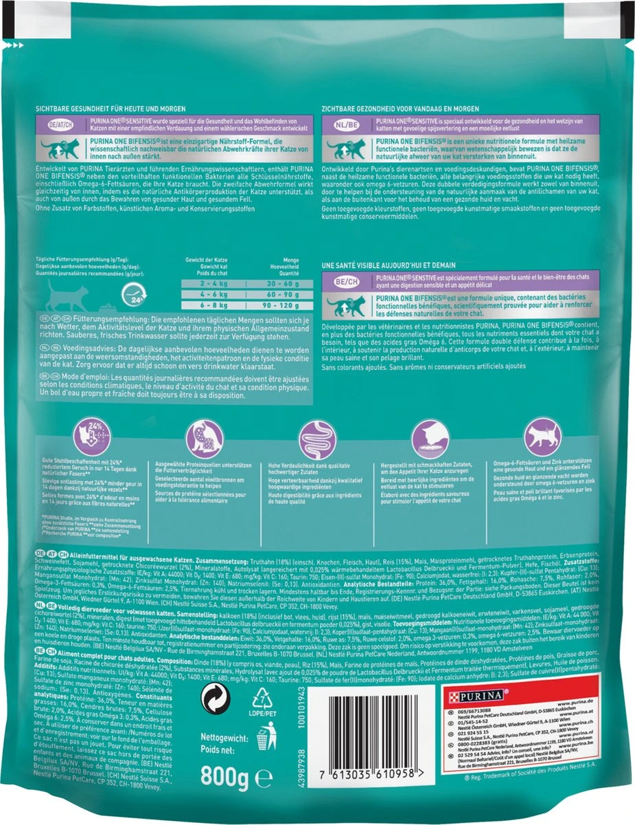 Purina One Sensitive - Kalkoen/Rijst - Kattenvoer - 800 G 5 Purina One Sensitive - Kalkoen/Rijst - Kattenvoer - 800 G - Afbeelding 3