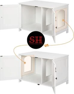 Merkloos Signature Home Wittykitty Kattenbak - Kattenkast - Kattenbakkast - Kattenhuis Met Deur En Aparte Scheidingswand - Kattenbak Opbergdoos - Wit - 80 X 54 X 50.5 Cm -Katten Benodigdheden Winkel 943x1200