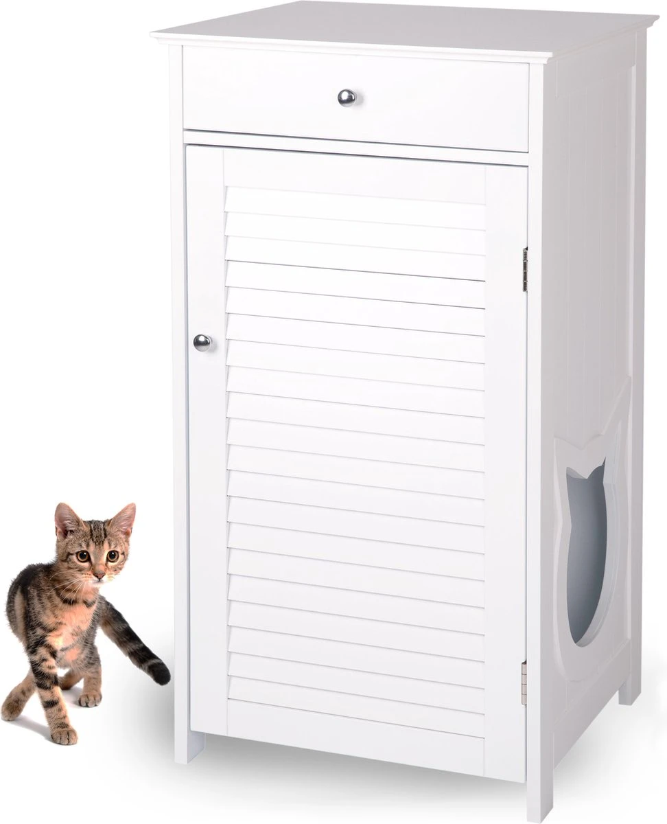 WONDERMAKE® Grote Kattenkast Houten Voor Kattenbak Kattentoilet, XL-kattenbak Dressoir Kastje Met Schuiflade, Designer Kattenhuis Met Kattenhol Kattenbakkast, Kasten Kast Voor Katten Binnen Hoog, 51 X 46 X 96 Cm, Wit